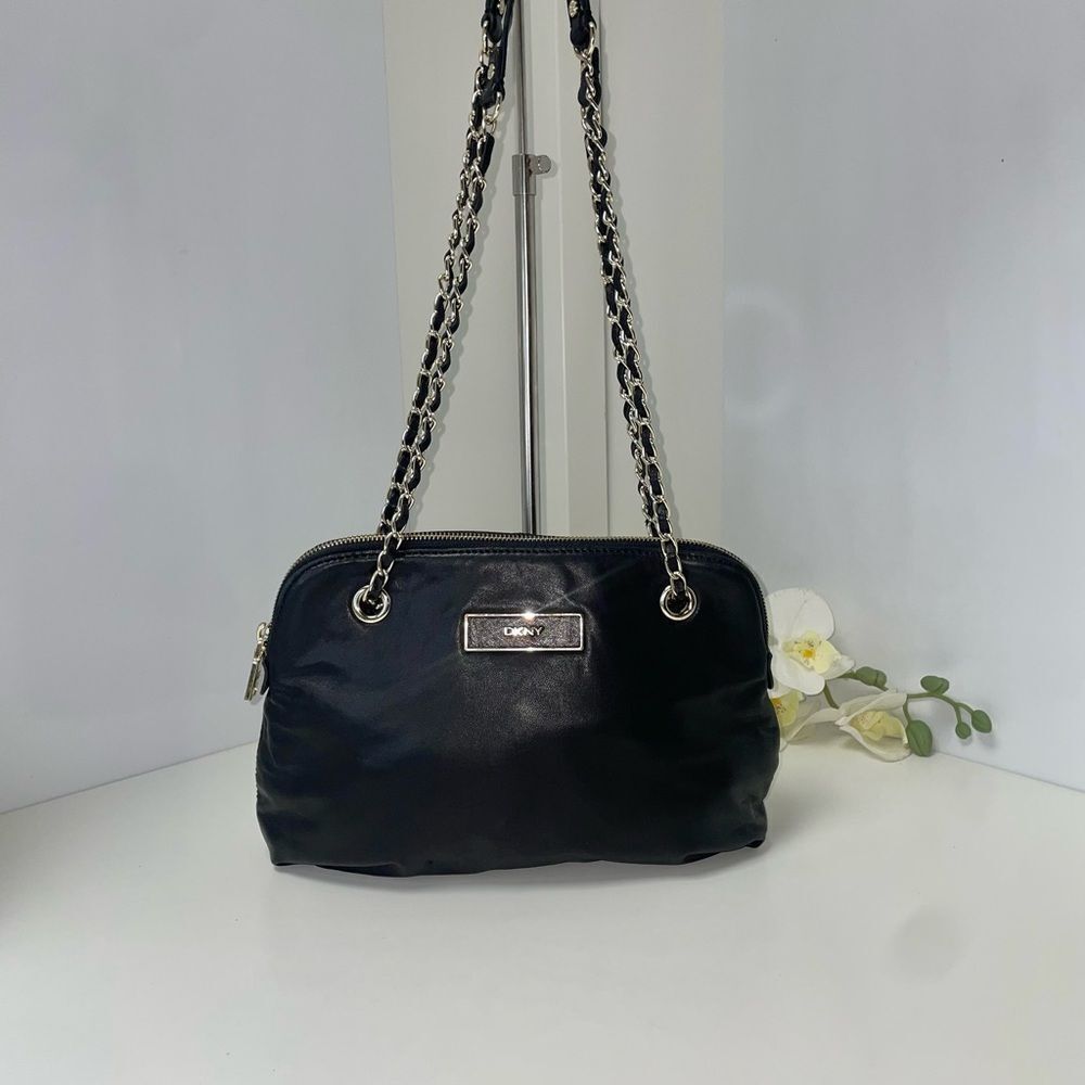 DKNY Black Leather Shoulder Bag with Chain Straps